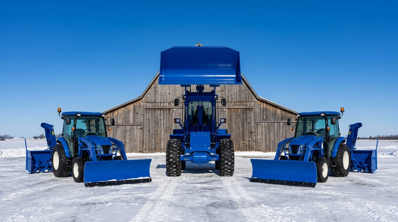 Chargeuse et tracteurs de déneigement alignés devant une grange, l'hiver