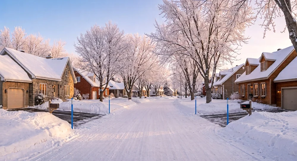 Rue résidentielle enneigée d'une petite ville, un matin d'hiver