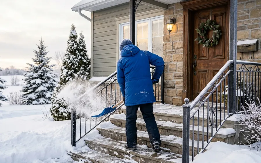 Pelle à neige appuyée près de marches déneigées à la main
