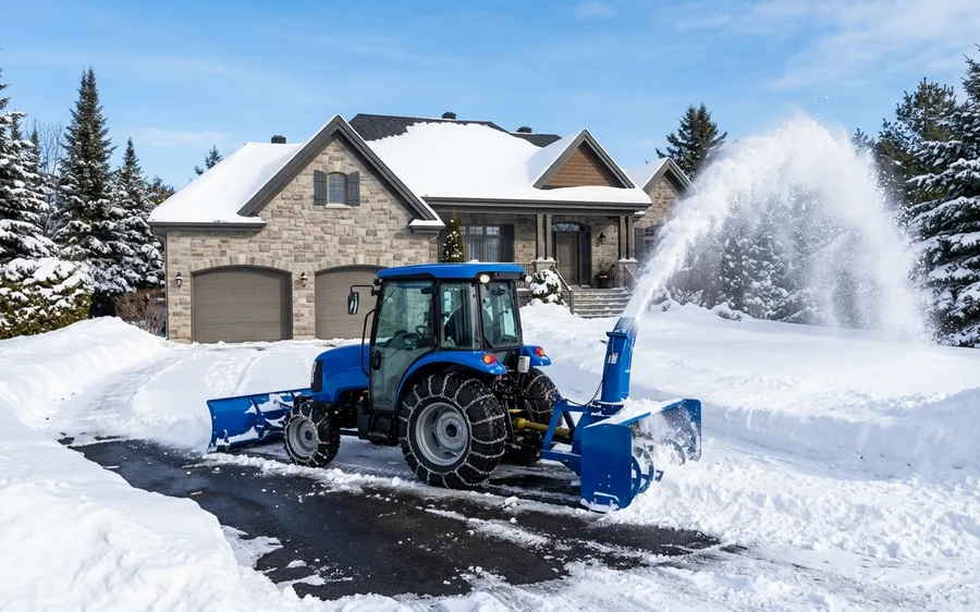 Tracteur de déneigement avec gratte à l'avant et souffleuse à l'arrière dans l'entrée d'une maison