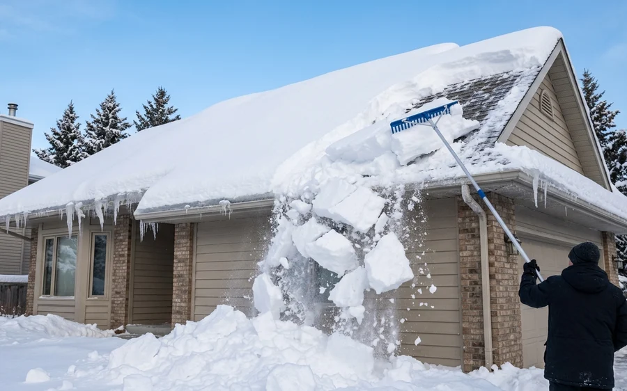Toit de maison couvert d'une épaisse couche de neige