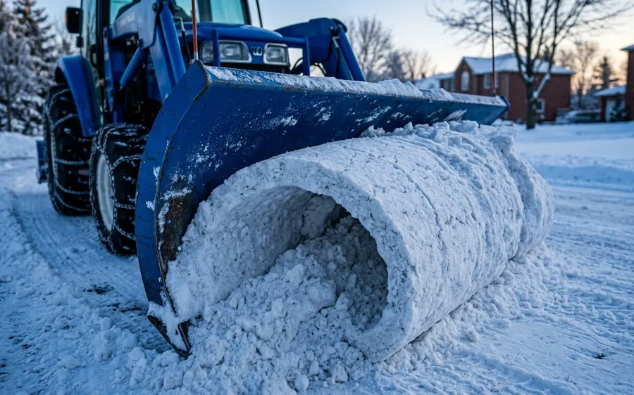 Lame de tracteur poussant un rouleau de neige dans une entrée résidentielle